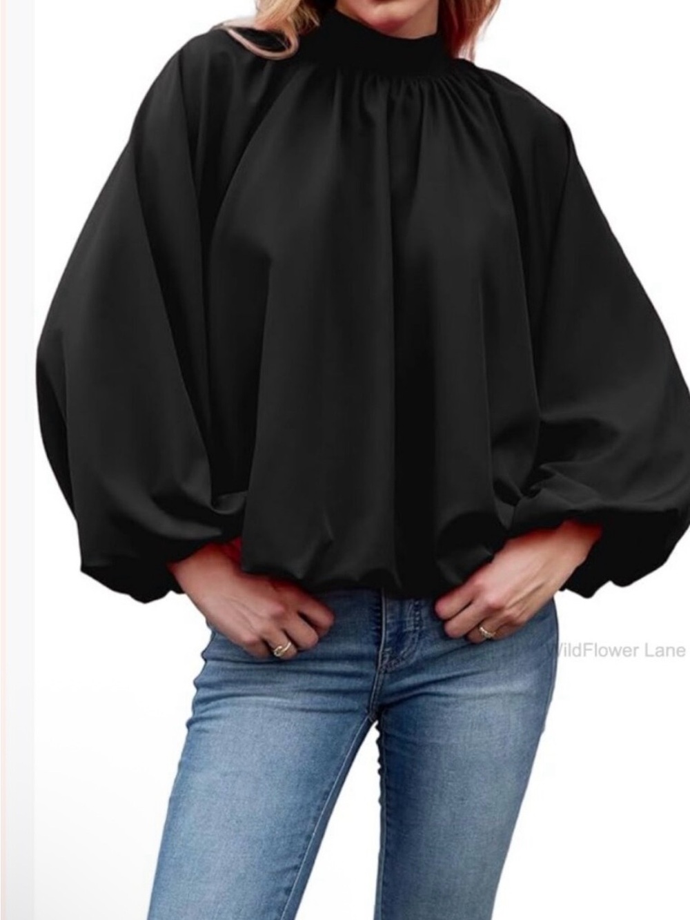 Amazon Black Balloon-back bow tie Sleeve Blouse with Gathered Neck